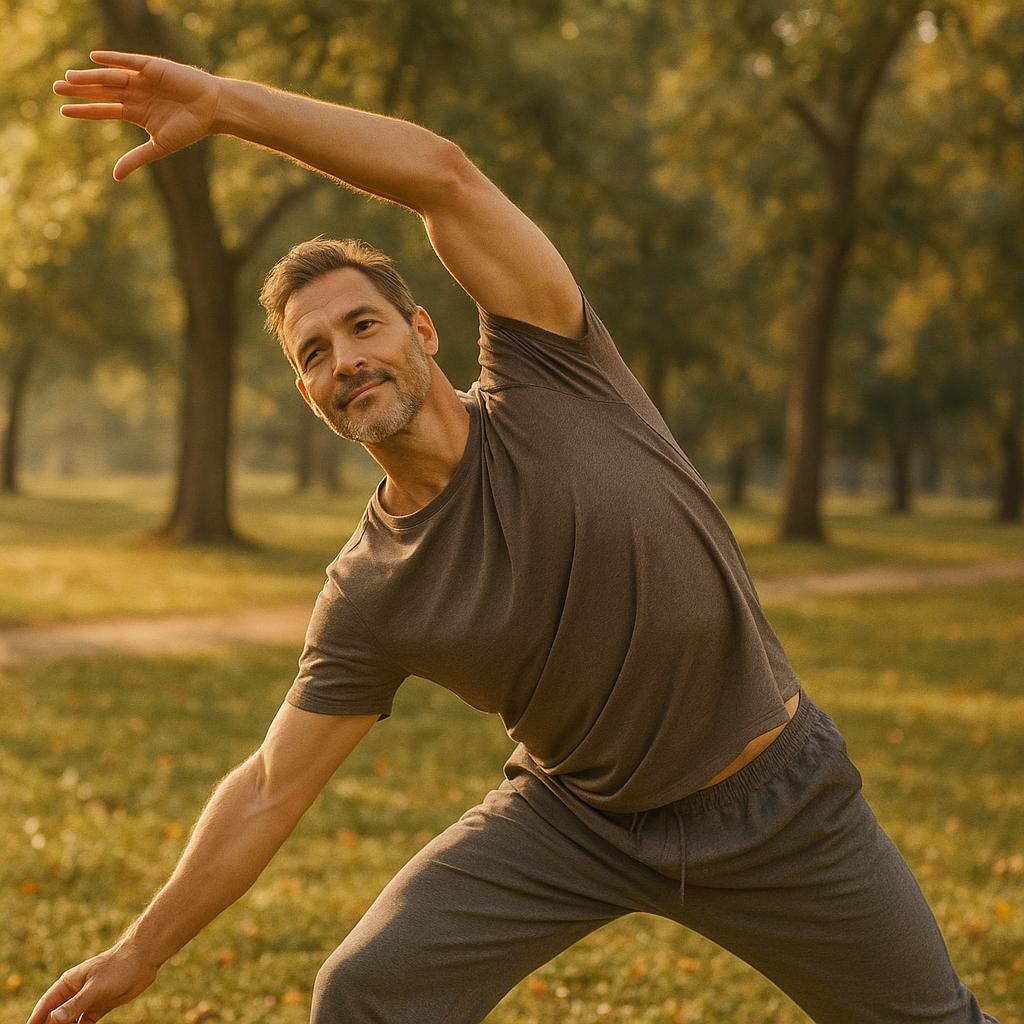 Man doing gentle flowing stretch outdoors